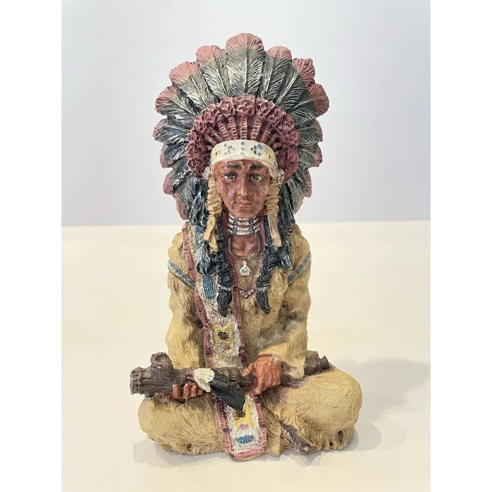 Native American Chief Resin Figurine, Painted Beige/Brown/Black